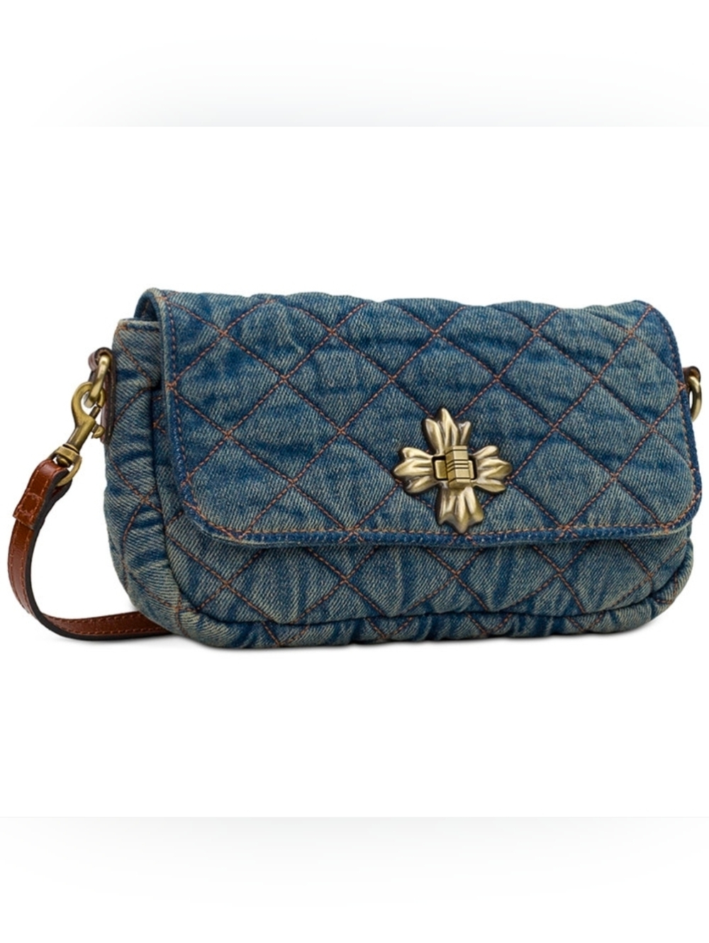 Quilted Denim Crossbody Bag with Floral Turn-Lock